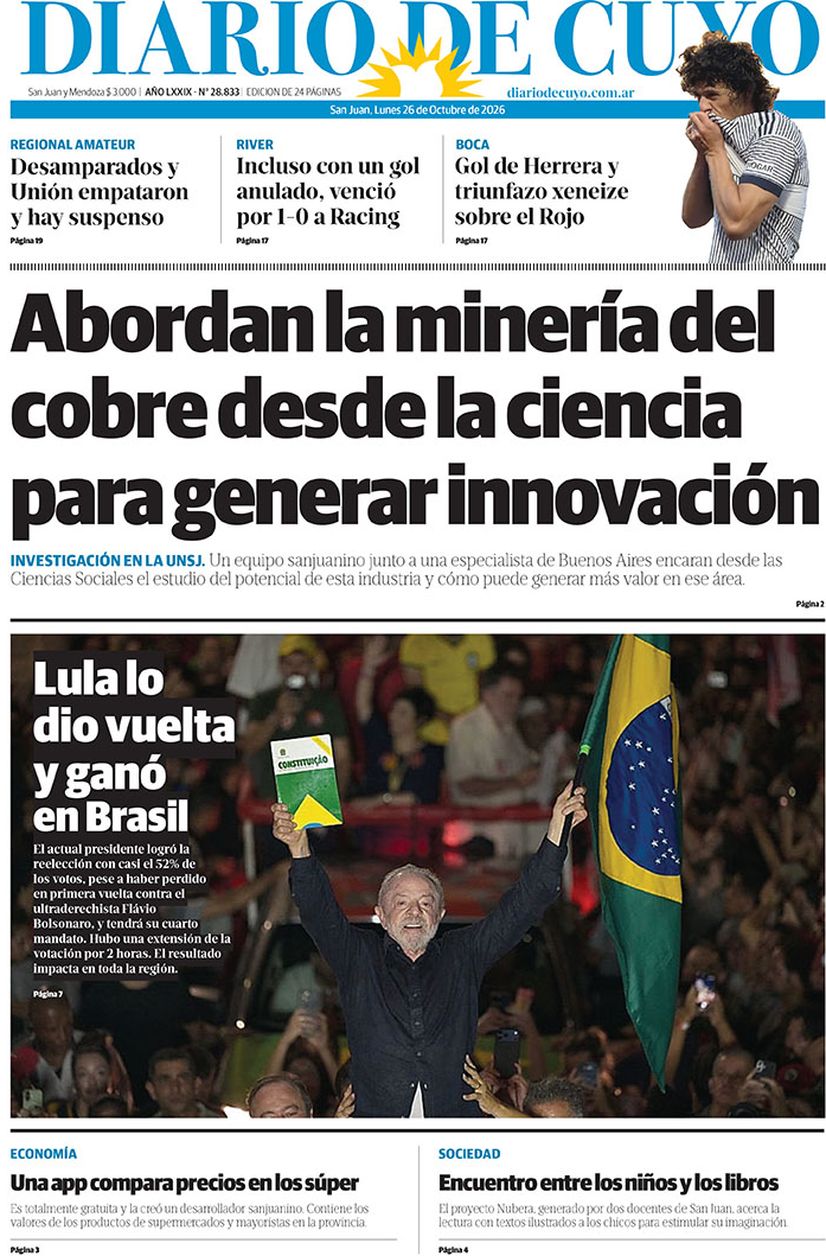 Diario de Cuyo | Tapa edición 26 de octubre 2026