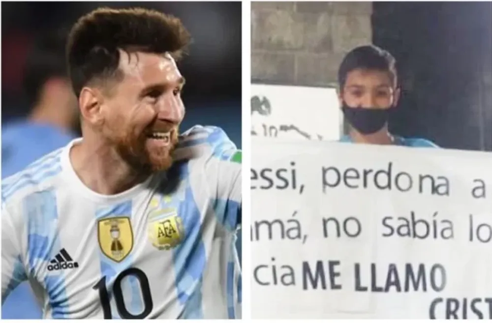 Un hincha de 11 años sorprendió a Messi en Ezeiza con un desopilante cartel