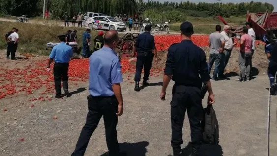 Violento choque: un camión con tomates quedó desarmado y un auto terminó en un zanjón