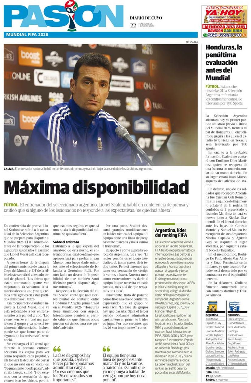 Diario de Cuyo | Tapa Pasión 06 de Junio 2026