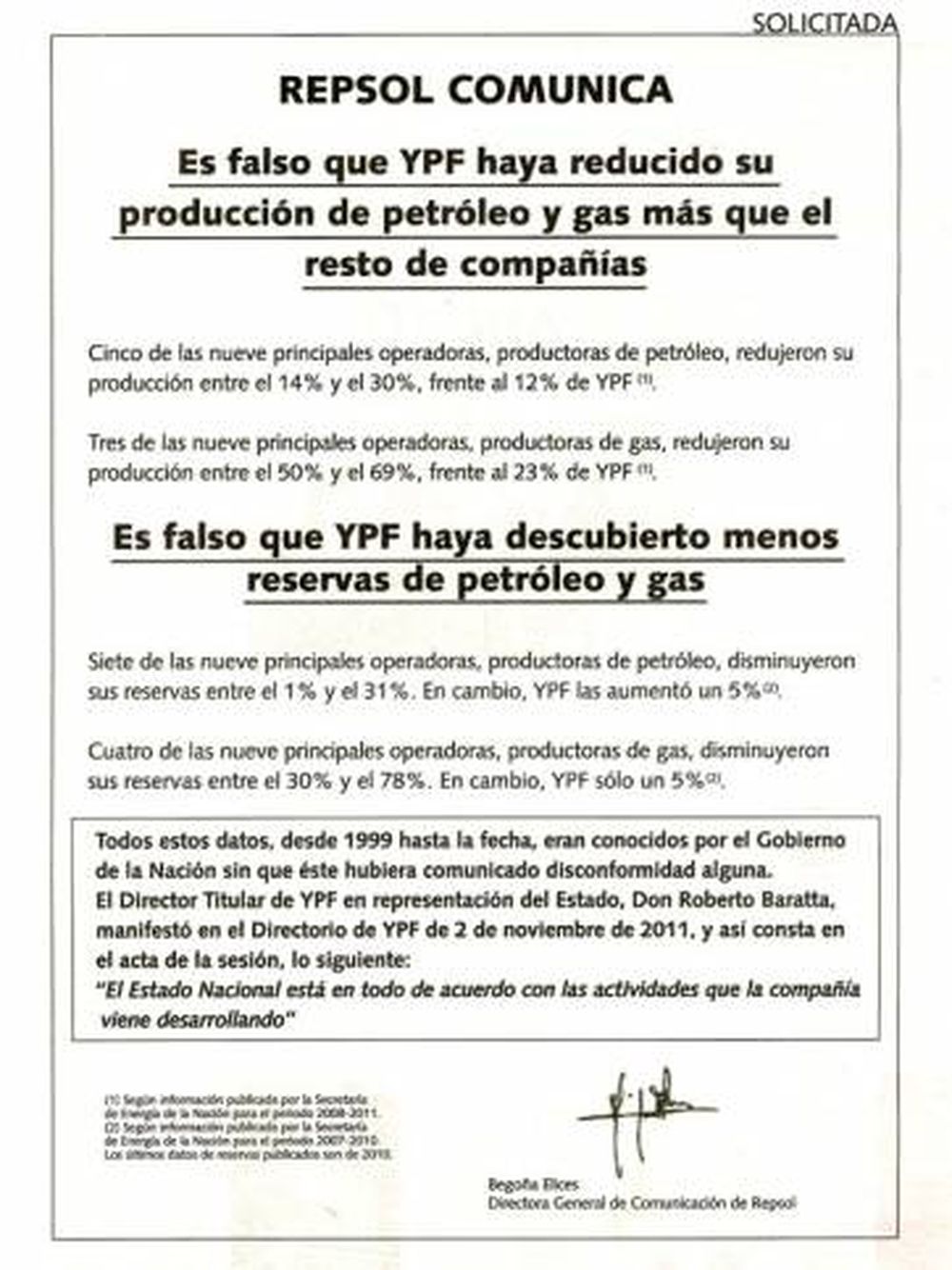 Nueva solicitada de Repsol previa al debate en el Senado