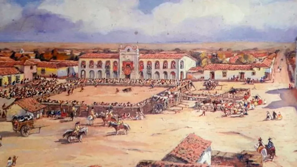 UNA PINTURA DE LA PLAZA MAYOR, de San Juan, hoy, Plaza 25 de Mayo. Allí se realizaban distintas actividades como corridas de toros. Pero sin dudas, la más importante fue la noticia que congregó a los vecinos sanjuaninos para enterarse de la Revolución de Mayo.
