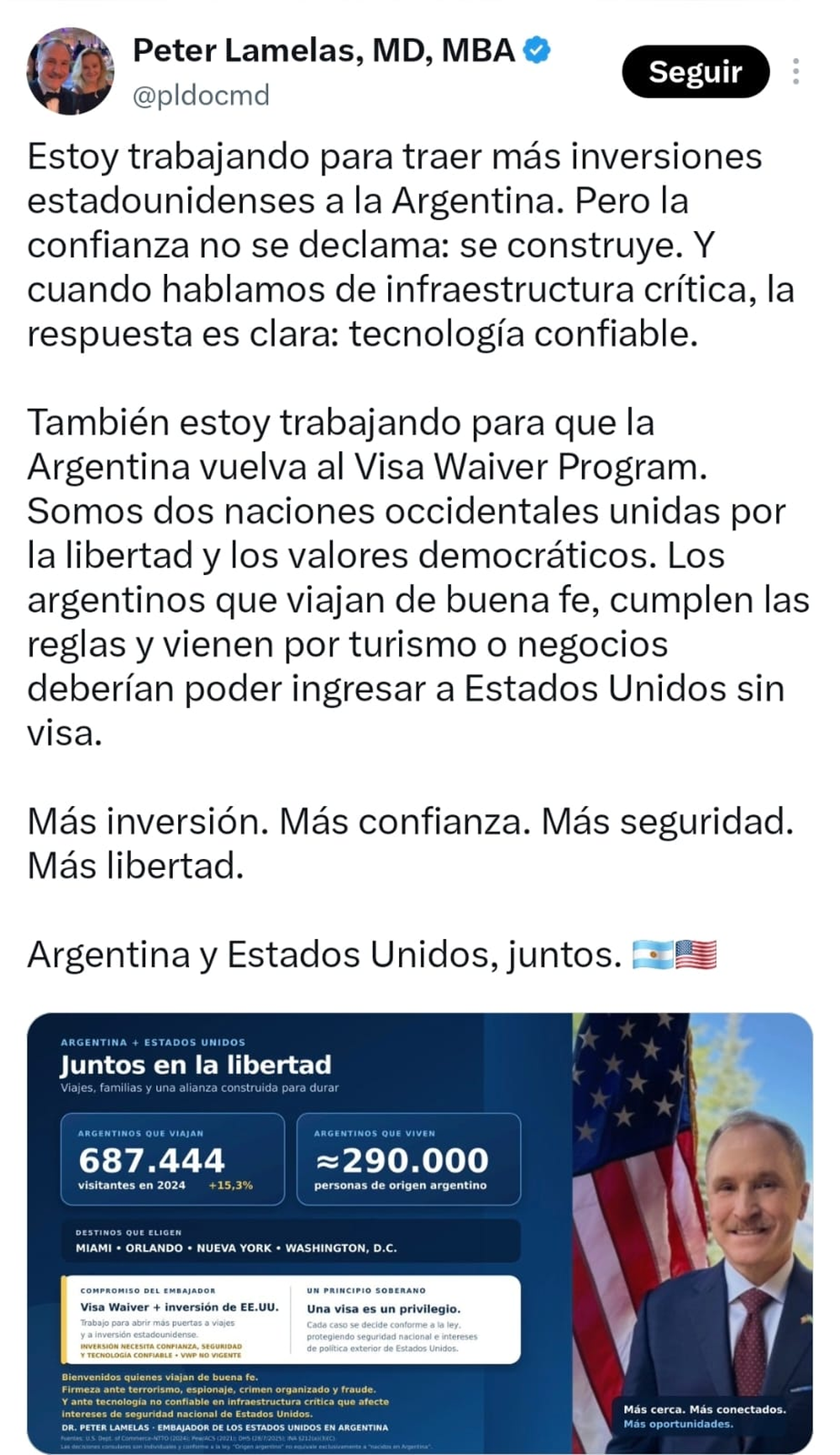 Peter Lamelas asegur&oacute; que trabaja para que Argentina vuelva al Visa Waiver Program y los argentinos puedan viajar a Estados Unidos sin tramitar una visa tradicional. Foto captura X.