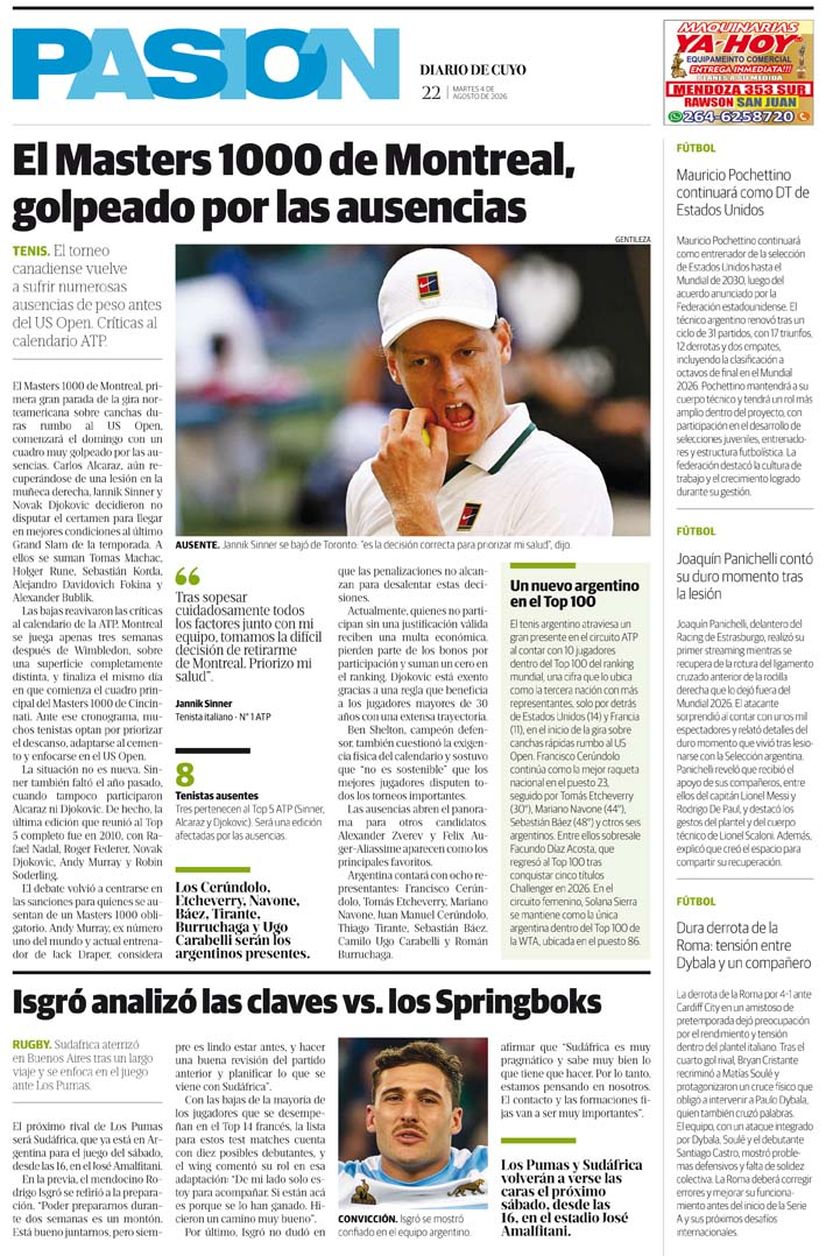 Diario de Cuyo | Tapa Pasión 4 de Agosto 2026