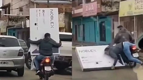 Se le cayó un televisor de la moto y se volvió viral: ahora lo buscan para regalarle uno nuevo