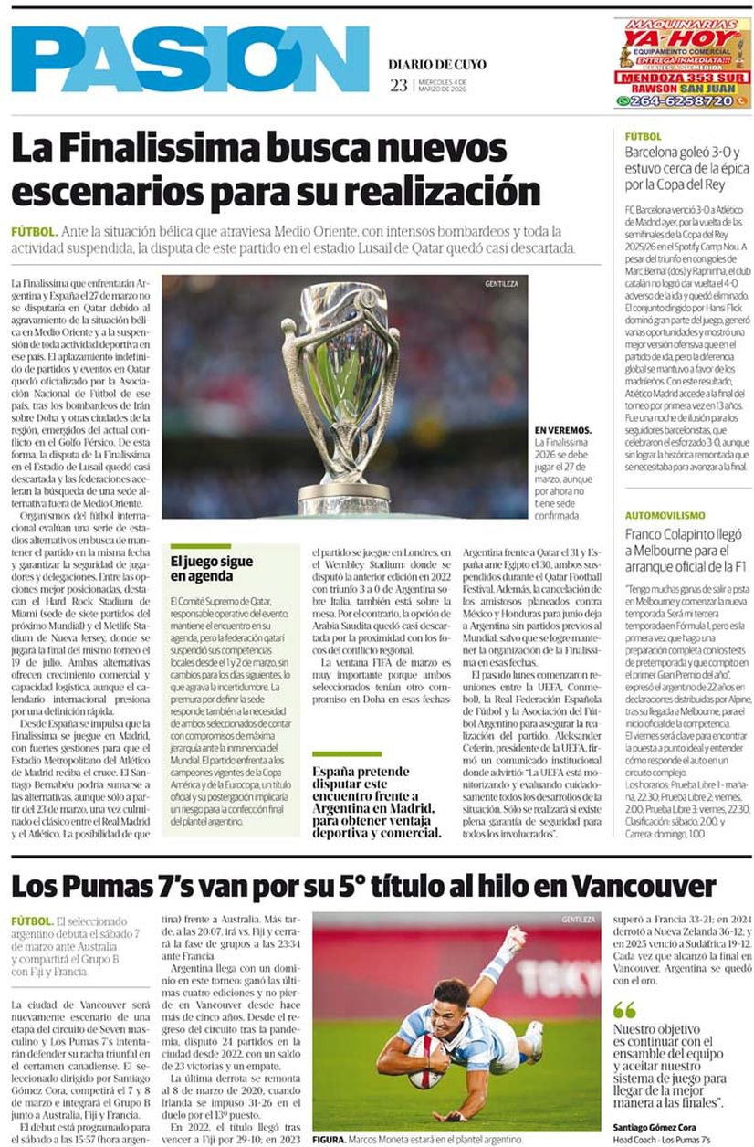 Diario de Cuyo | Tapa Pasión 4 de Marzo 2026