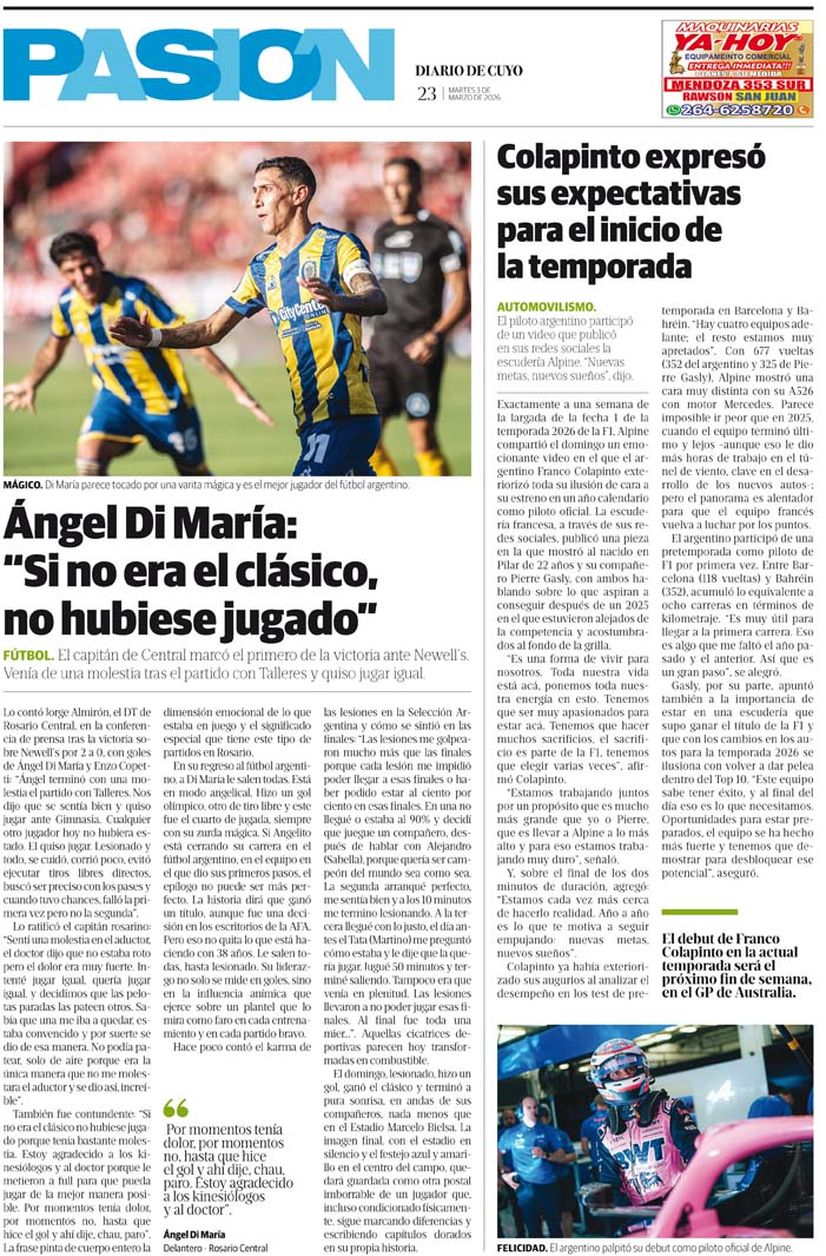 Diario de Cuyo | Tapa Pasión 3 de Marzo 2026