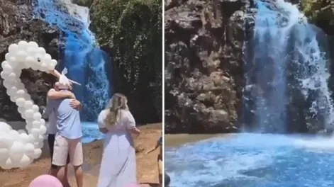 Tiñeron de azul una cascada de agua potable para revelar el sexo de su bebé