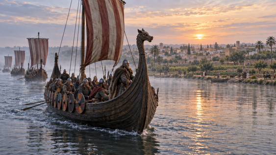 Recreación de una flota vikinga remontando el Guadalquivir hacia Ishbiliya, en 844. Imagen ilustrativa.