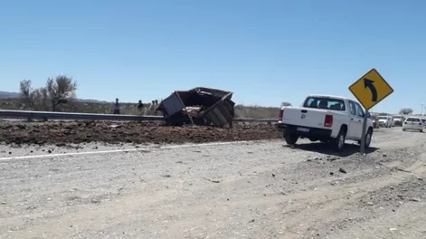 Un camión cargado de guano volcó en Cuesta de las Vacas: un ocupante quedó aprisionado