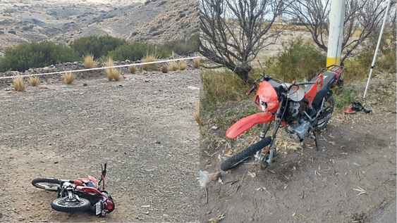La moto encontrada en Ullum. Por otro lado, los daños del vehículo del hecho ocurrido en Rawson.&nbsp;