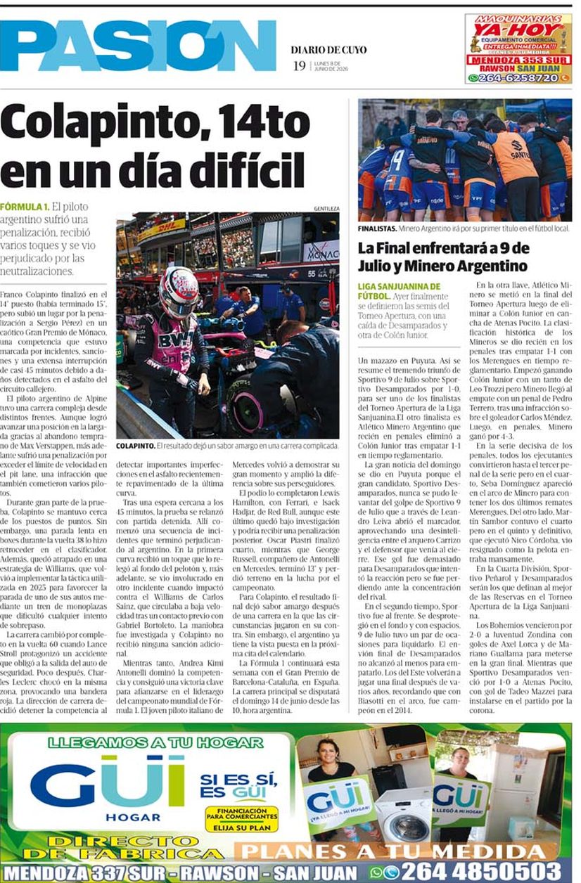 Diario de Cuyo | Tapa Pasión 8 de Junio 2026