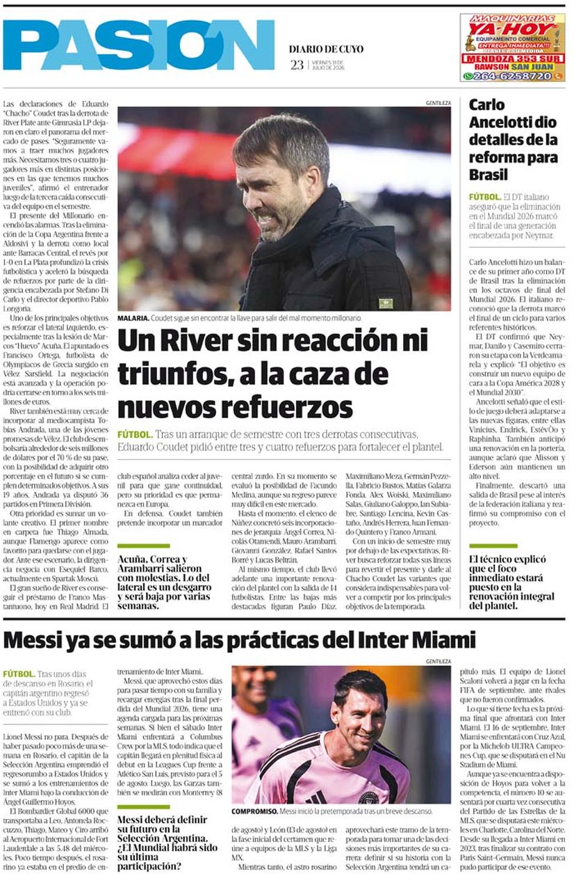 Diario de Cuyo | Tapa Pasión 31 de Julio 2026