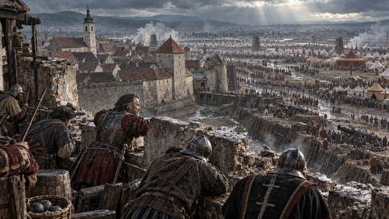 Recreación artística del asedio de Kőszeg, en agosto de 1532. Desde las murallas, los defensores dirigidos por Nikola Jurišić contemplan el inmenso campamento otomano. La pequeña ciudad resistió durante casi un mes y convirtió el tiempo en su principal aliado frente a las fuerzas de Solimán I.