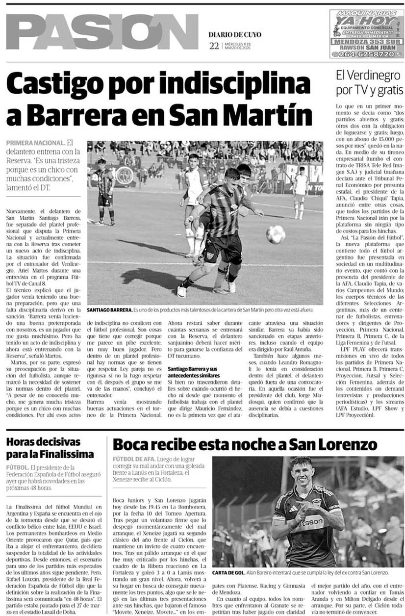 Diario de Cuyo | Tapa Pasion 11 de febrero 2026