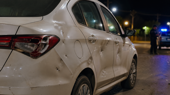 El auto quedó con varios destrozos tras el ataque a piedras del imputado. Sucedió en Pocito. Imagen creada con IA.&nbsp;