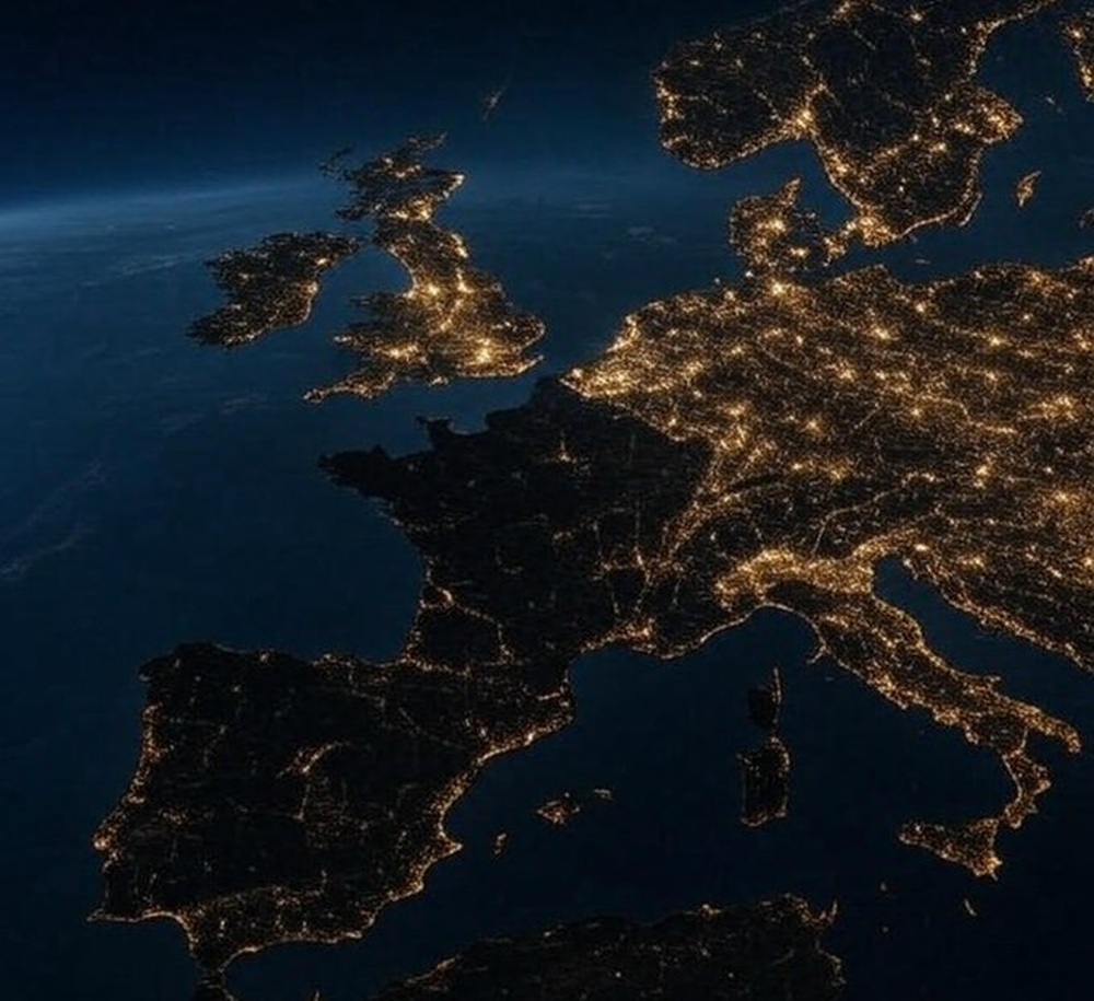 Foto satelital que muestra España, Portugal y Francia prácticamente a oscuras.