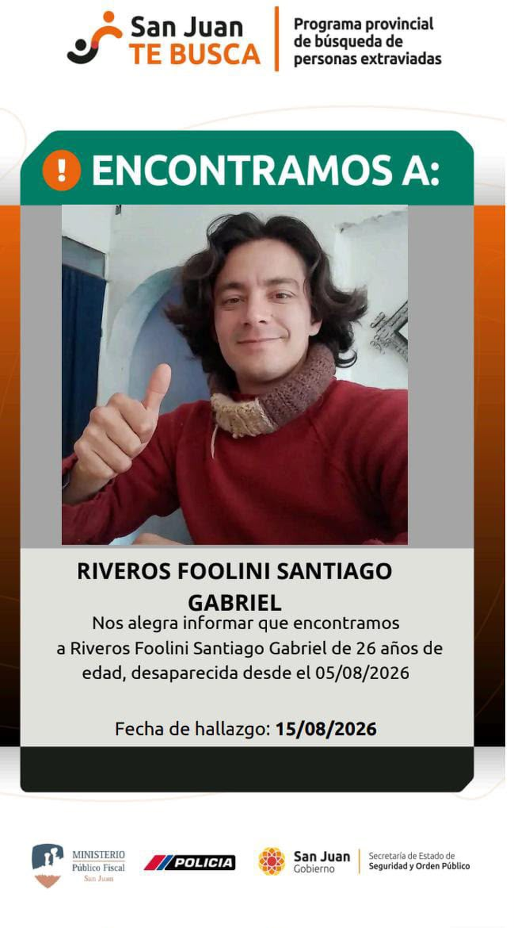 El programa “San Juan Te Busca” confirmó este sábado 15 de agosto que Santiago Gabriel Riveros Foolini fue localizado.