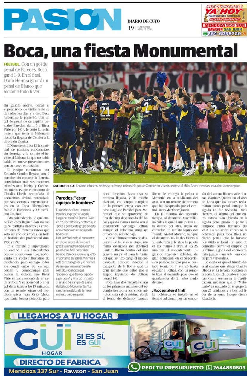 Diario de Cuyo | Tapa Pasión 20 de Abril 2026