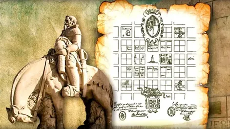 Diario de Cuyo | EL HISTÓRICO PLANO de la fundación de San Juan junto a la representación escultórica de Juan Jufré.
