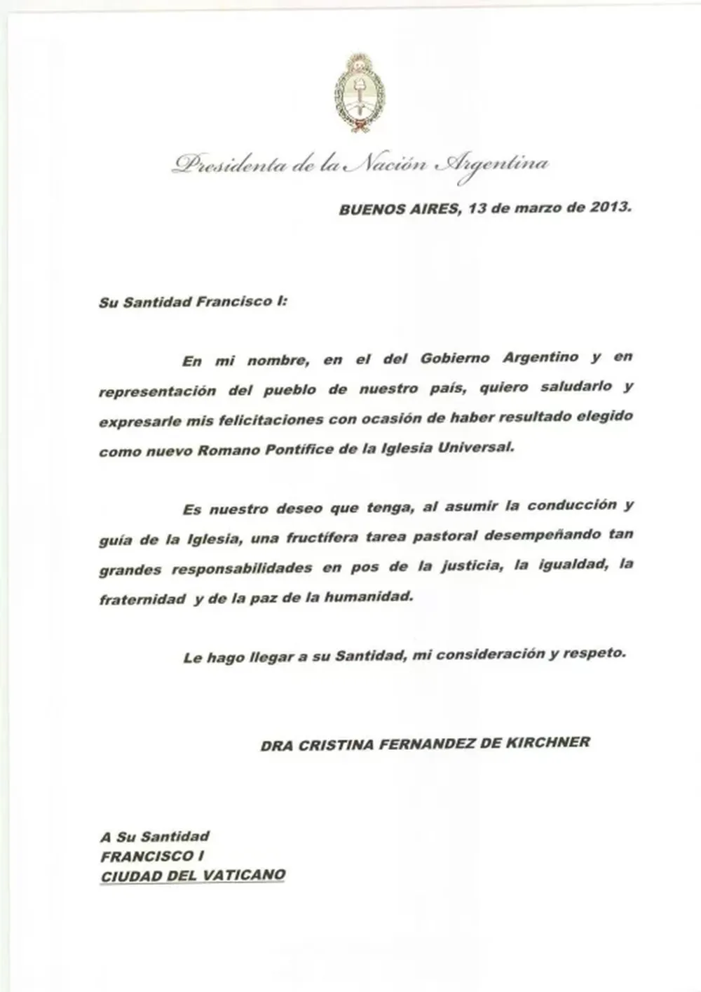 Cristina confirmó que asistirá a la asunción de Francisco I