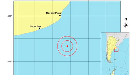 Epicentro del sismo de magnitud 4.9 de este jueves que se sintió fuertemente en Mar del Plata.