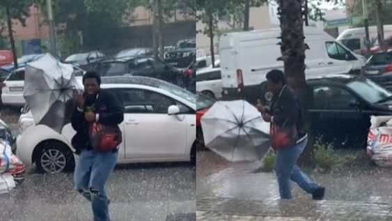 El desopilante momento en que un joven intenta salvar su paraguas de los fuertes vientos