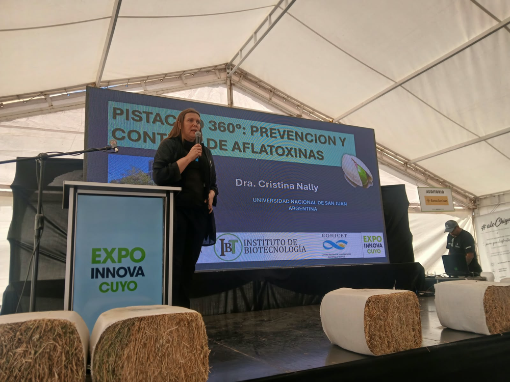 La Dra. Cristina Nally, del Instituto de Biotecnología (CONICET-UNSJ), presentó “Pistacho 360°: prevención y control de aflatoxinas” en Expo Innova Cuyo.