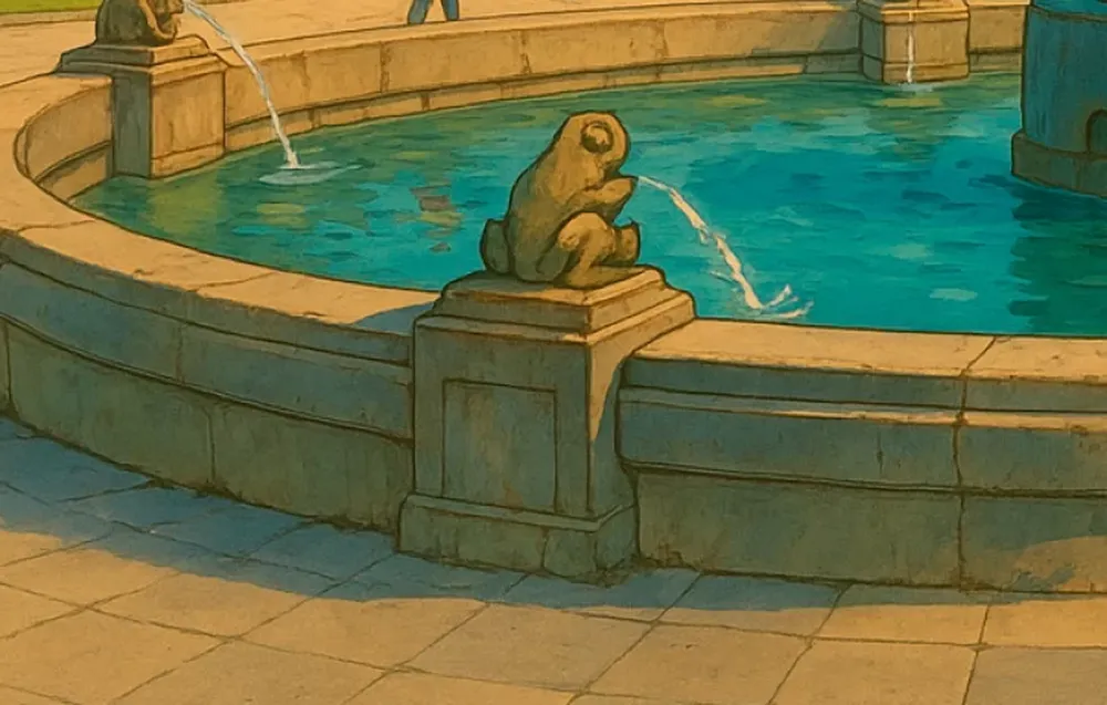 San Juan al Estilo Studio Ghibli con ChatGPT: Sapo de la fuente de la Plaza 25 de Mayo.