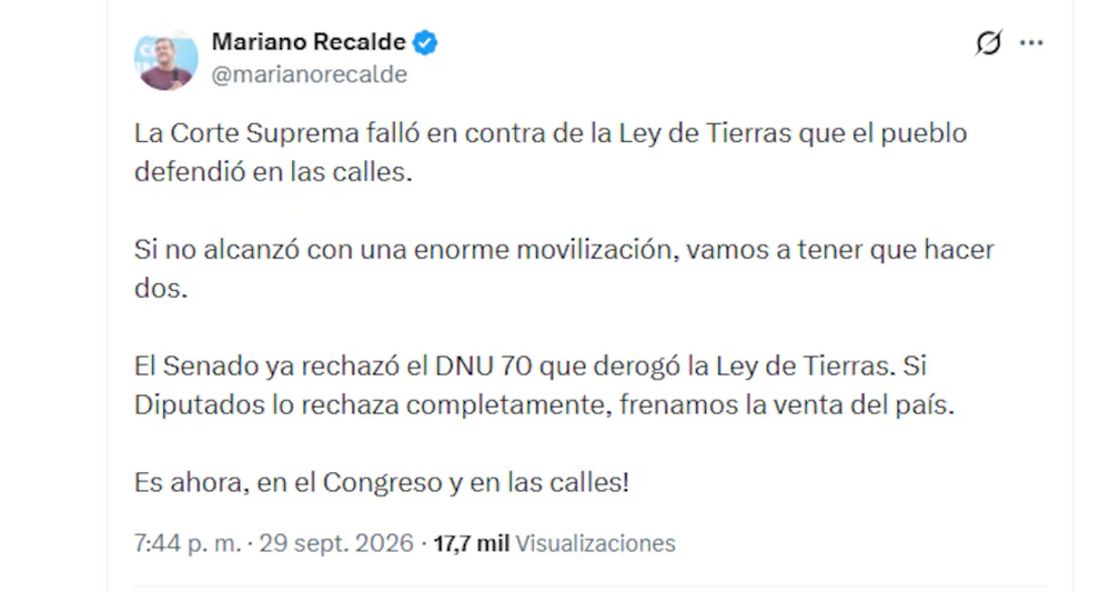 Mariano Recalde reclam&oacute; que Diputados rechace el DNU 70/2023 y convoc&oacute; a una nueva movilizaci&oacute;n.