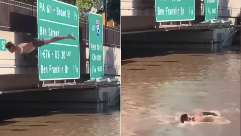 Realizó un peligroso clavado en una autopista inundada en Filadelfia