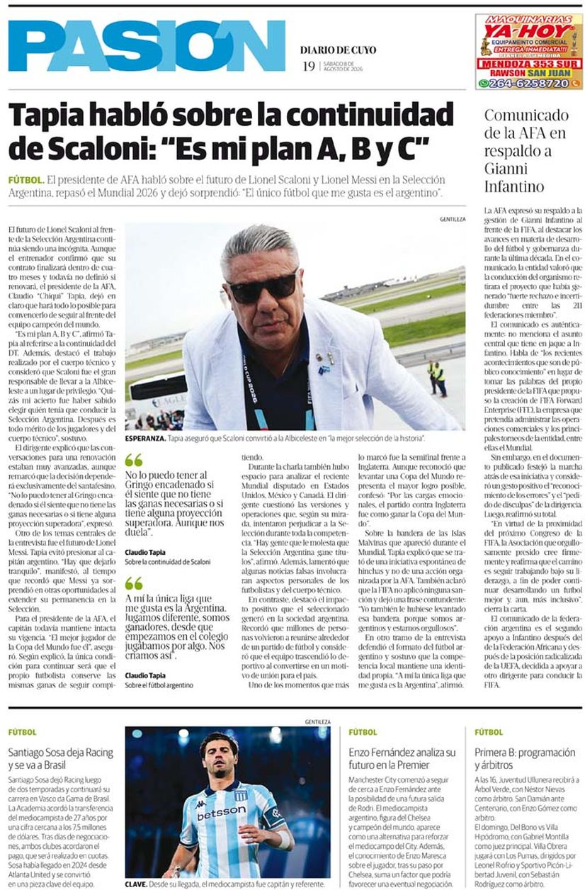 Diario de Cuyo | Tapa Pasión 8 de Agosto 2026