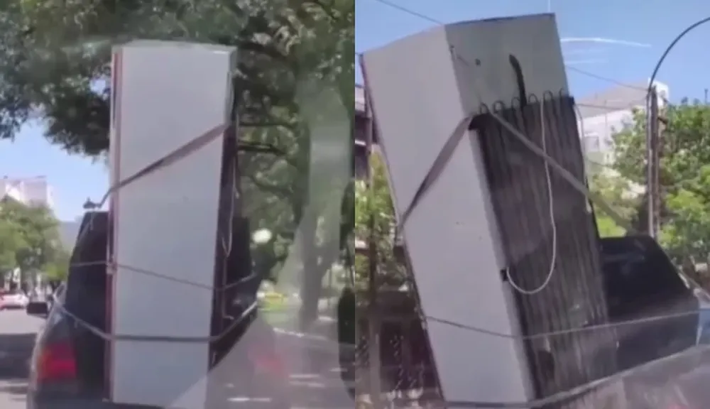 Llevó una heladera en el baúl de su auto con una técnica peligrosa