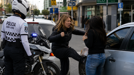 Una mujer se puso furiosa cuando le negaron el estacionamiento en pleno centro y cometió varios delitos. Terminó detenida, pero zafó de una condena. Imagen creada con IA.&nbsp;