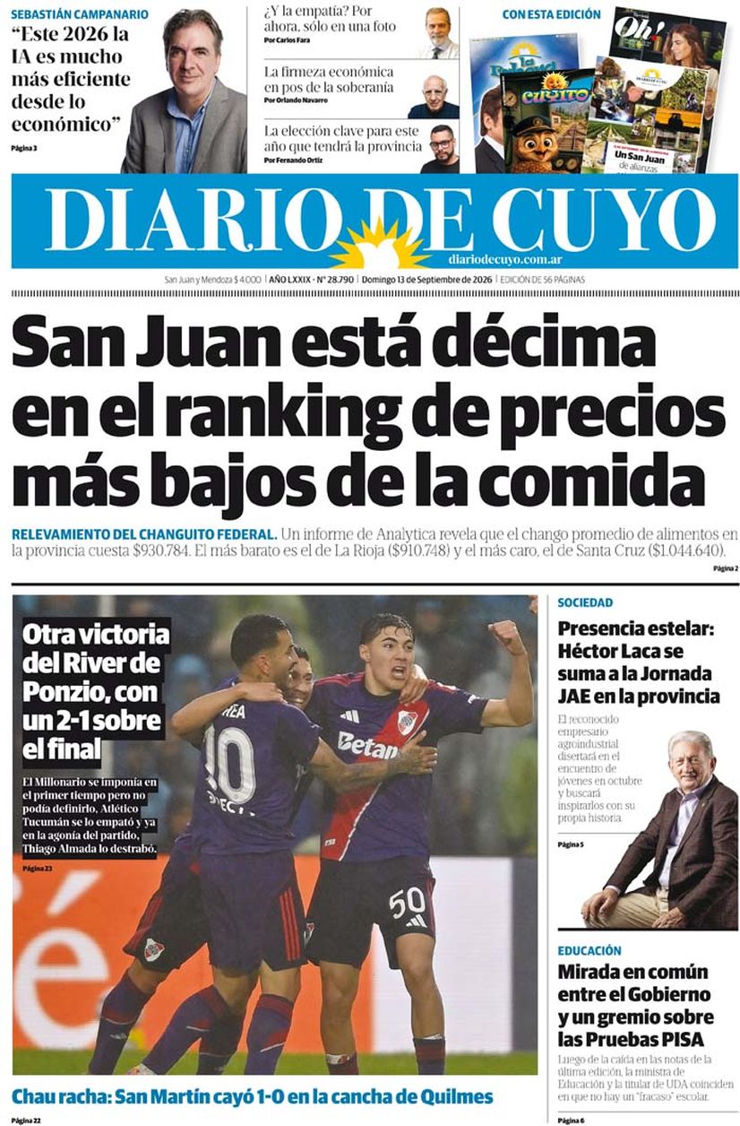 Diario de Cuyo | Tapa Edición 13 de Septiembre 2026