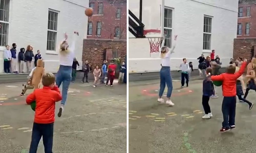 Una maestra encestó un triple y el video se volvió viral