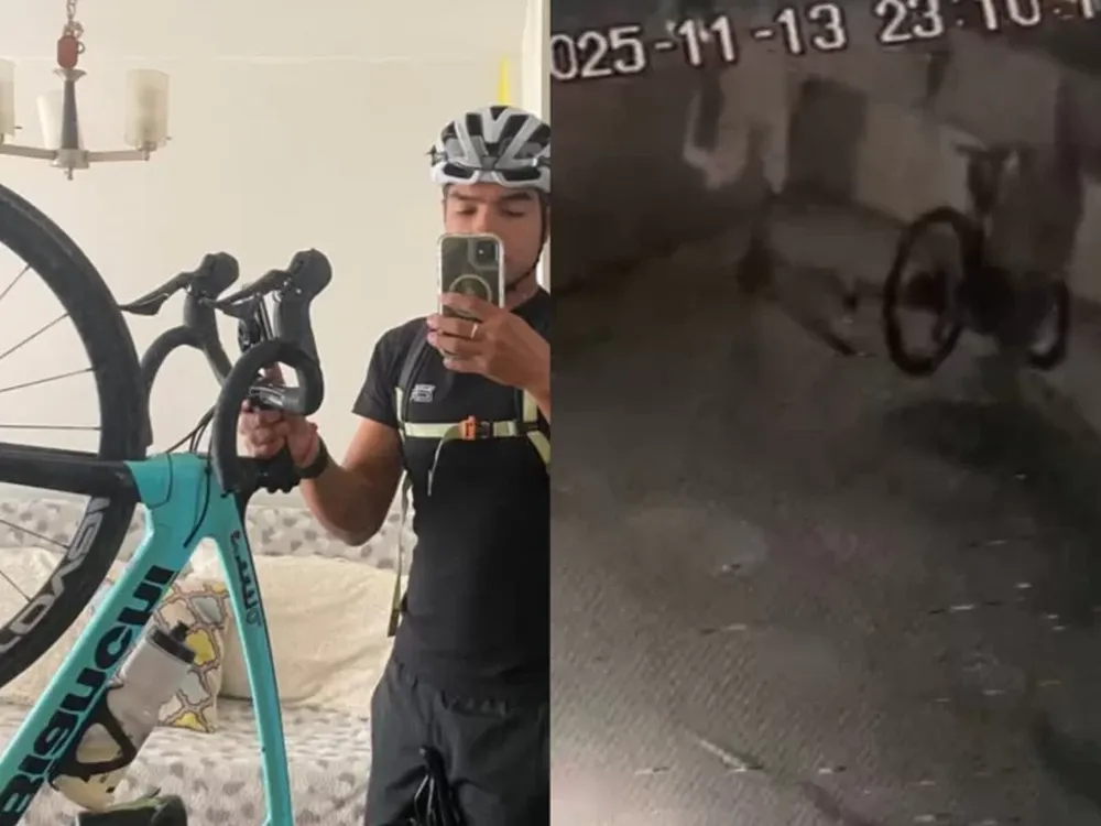 A la izquierda, el pedalero con su bici. A la derecha, el delincuente llevándose el rodado.-