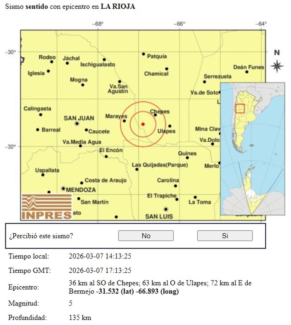 Los datos que brindó el INPRES sobre el movimiento registrado este sábado en La Rioja pero que se percibió de gran manera en San Juan