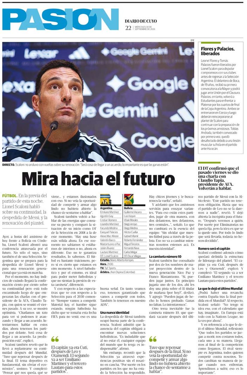 Diario de Cuyo | Tapa Pasión  30 de Septiembre 2026