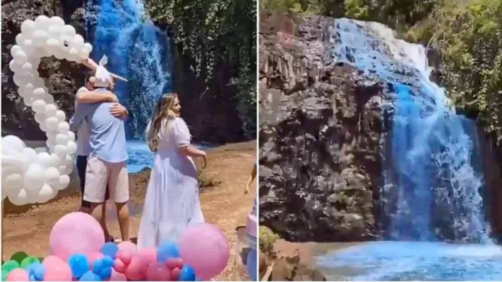 Una pareja causa indignación tras pintar una cascada para revelar el sexo de su bebé