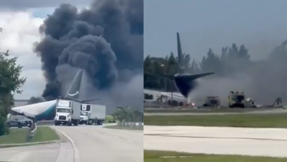 El avión terminó fuera de la pista y rodeado por una intensa columna de humo en Miami.