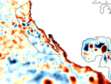 Las ondas Kelvin atrapadas en la costa, un rasgo característico de El Niño, se desplazaron hacia el norte a lo largo de la costa oeste durante el fenómeno de El Niño de 1997/1998, como se muestra en un mapa de anomalías en la altura de la superficie del mar. Foto: NOAA.