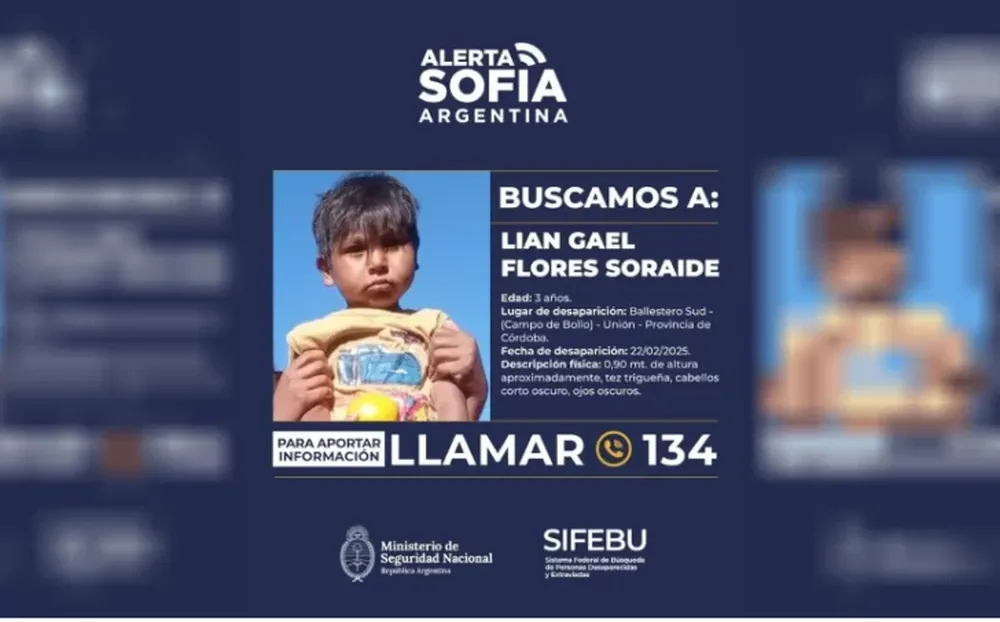 Activan Alerta Sofía por Lian, el niño desaparecido en Córdoba