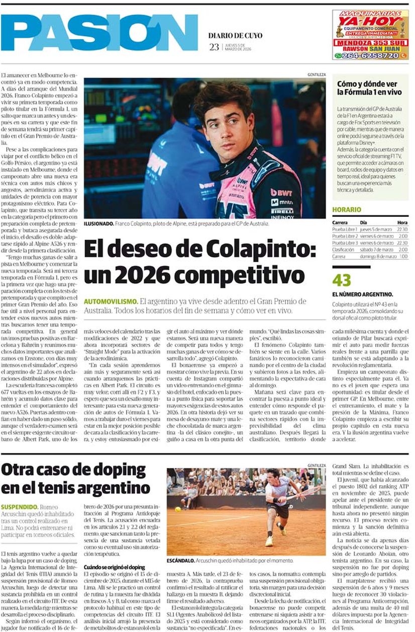Diario de Cuyo | Tapa pasion 5 de Marzo 2026