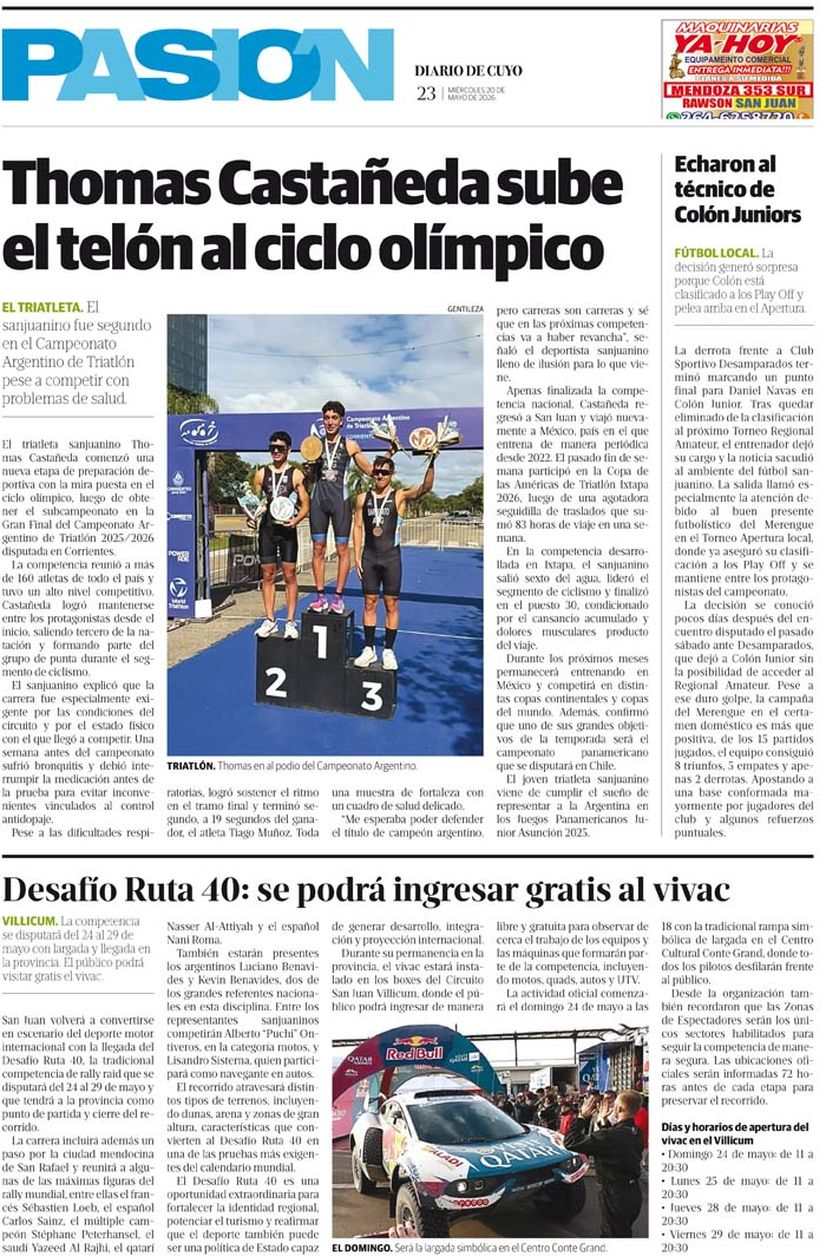 Diario de Cuyo | Tapa Pasión 20 de Mayo 2026