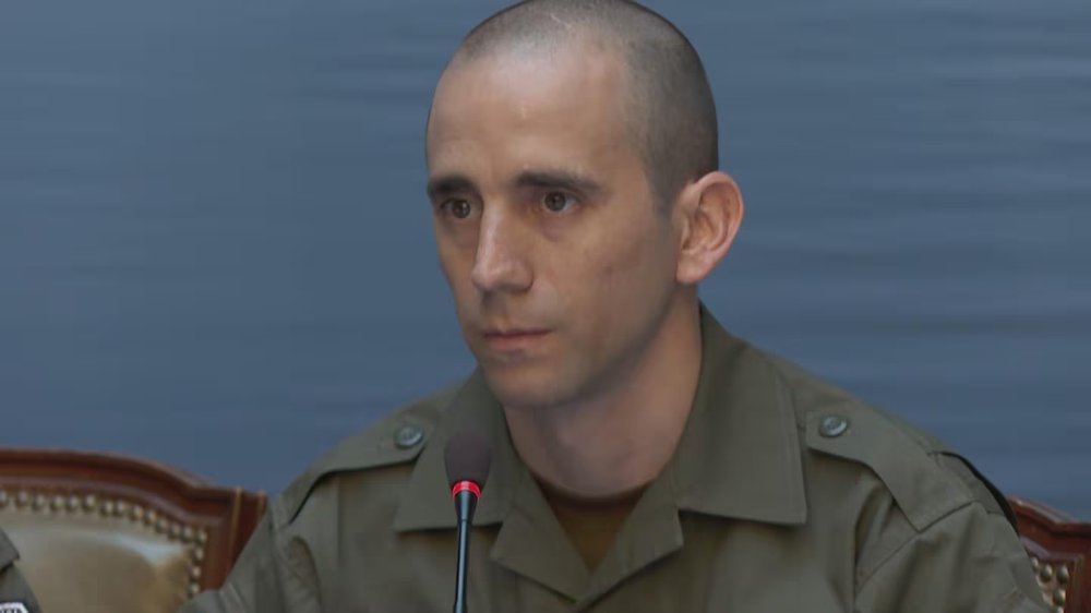 El gendarme Nahuel Gallo durante la conferencia de prensa.