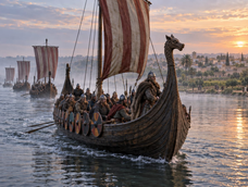 Recreación de una flota vikinga remontando el Guadalquivir hacia Ishbiliya, en 844. Imagen ilustrativa.