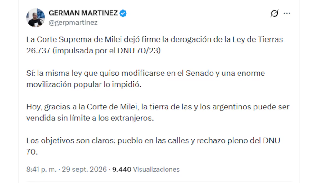 Germ&aacute;n Mart&iacute;nez pidi&oacute; avanzar en Diputados con el rechazo completo del DNU 70/2023.