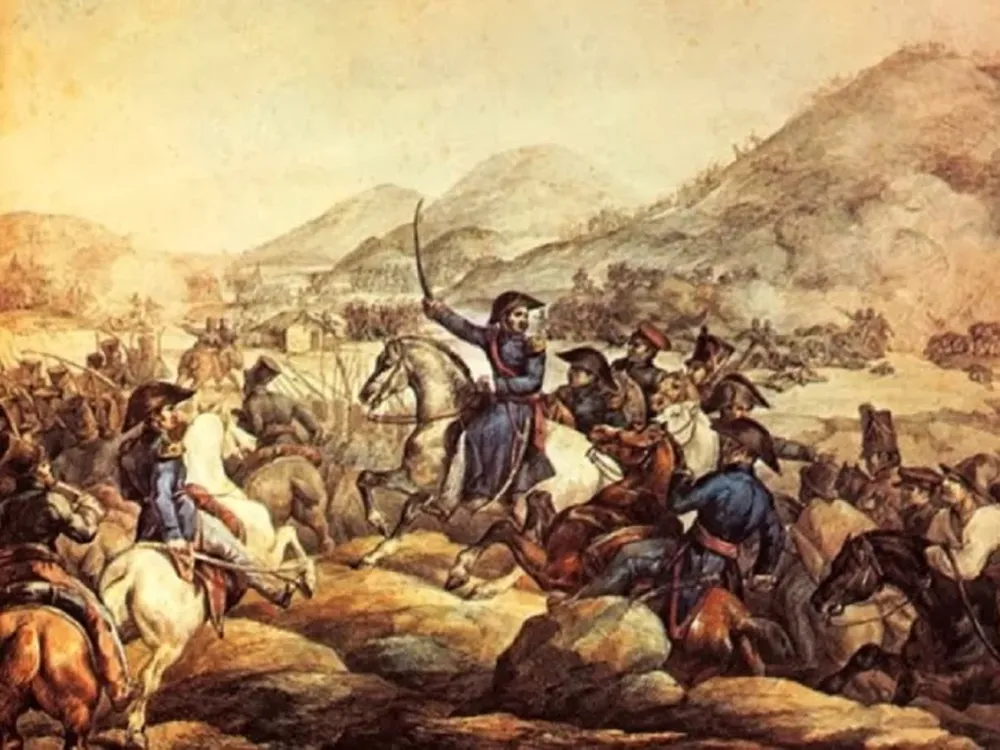 La batalla de Chacabuco inmortalizada en un óleo que recuerda el histórico momento de un triunfomilitar clave de San Martín en su campaña libertadora.