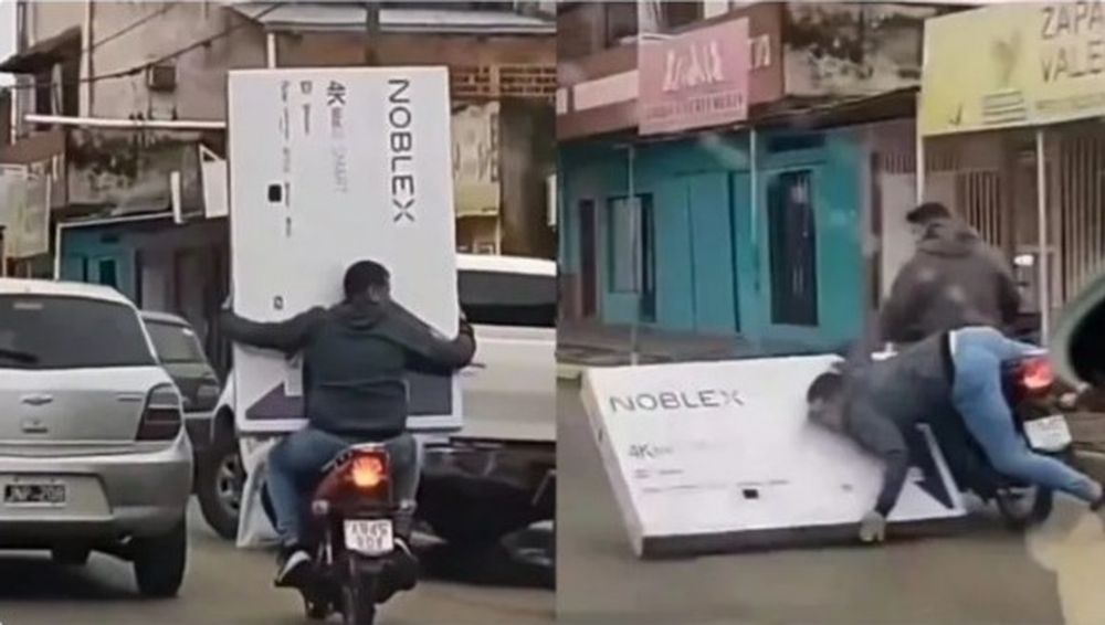 Se le cayó un televisor de la moto y se volvió viral: ahora lo buscan para regalarle uno nuevo
